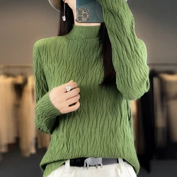 Women Autumn Winter Pure Wool Sweater Half-high Collar Irregular Pit Strips Pullover Female Thickened Casual Knitted Basis Top