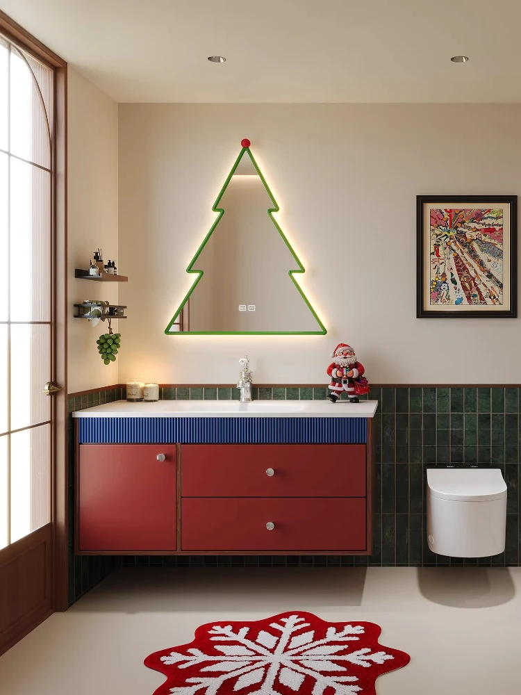 

Dopamine color-blocked bathroom cabinet combination slate hot bending Corian integrated basin washbasin