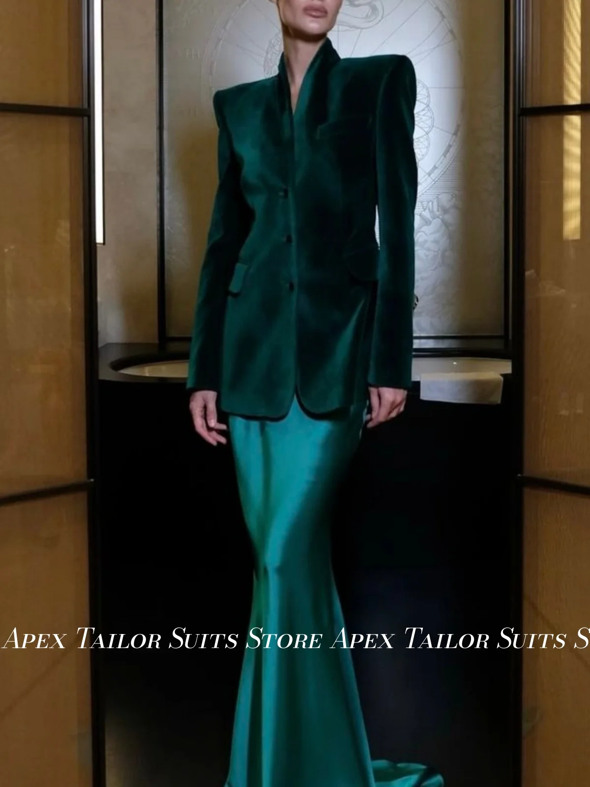 Luxury Ladies Dark Green Velvet 2 Pieces Suit Stand Collar Blazer Mermaid Satin Skirt Women Banquet Prom Party Dinner Suit Set