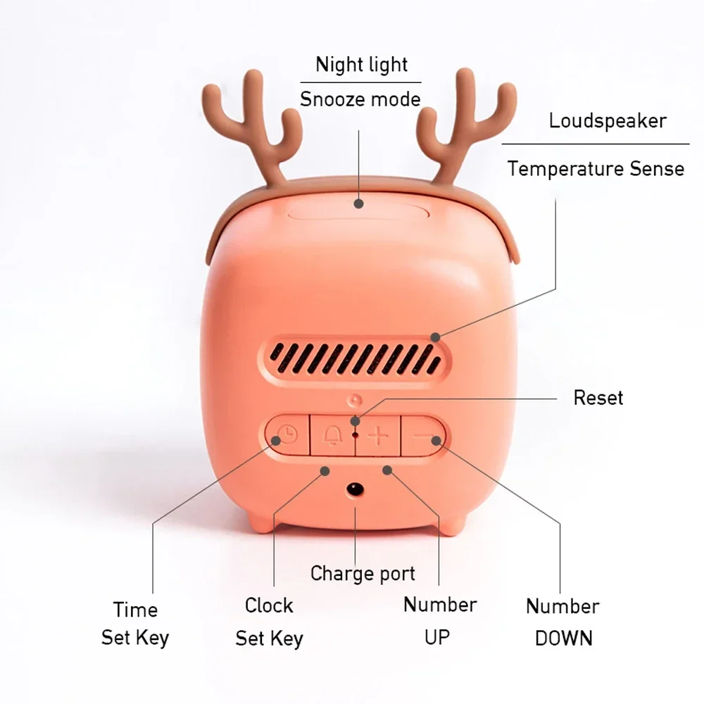 Rechargeable Cartoon LED Night Light Children Bedroom Alarm Clock with Thermometer Student Birthday Gift Room Bedside Deer Lamp