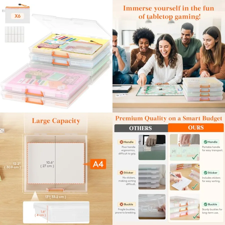 12.2x10.6'' Board Game Storage Boxes, Paper Container with Secure Latch, Plastic Portable Organizer with Handle and Labels for