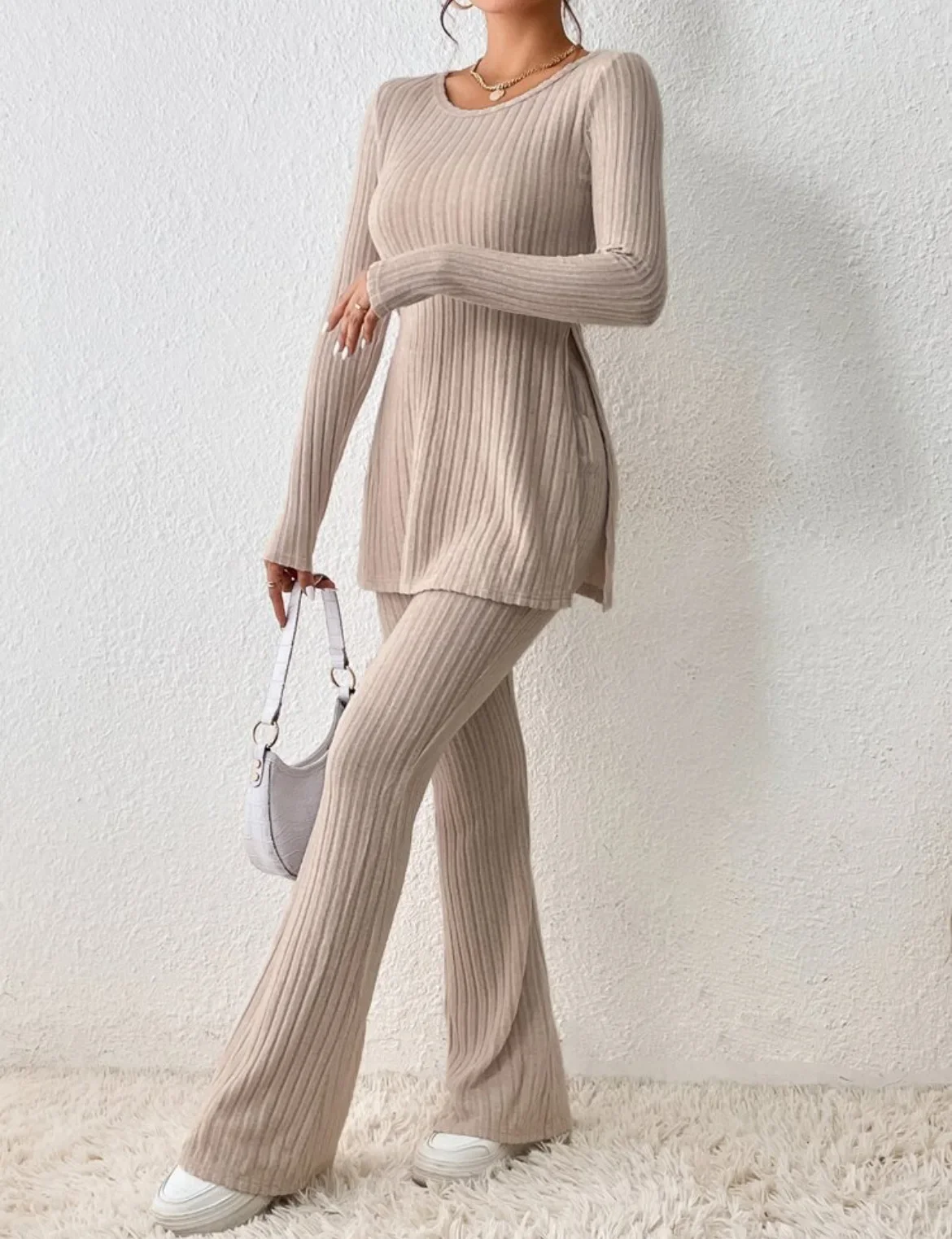 

Two Piece Sets Women Sweaters Thick Warm Pant Set Round Neck Full Sleeve Top Knitted Elastic Waist Long Pant Loose Casual