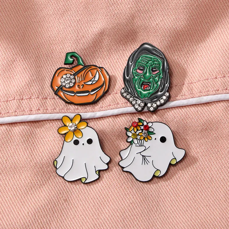 Pretty Cute Flower Ghost Crystal Brooches  Sinister Green Faced Spook One Eyed Pumpkin Enamel Pins Halloween Jewelry