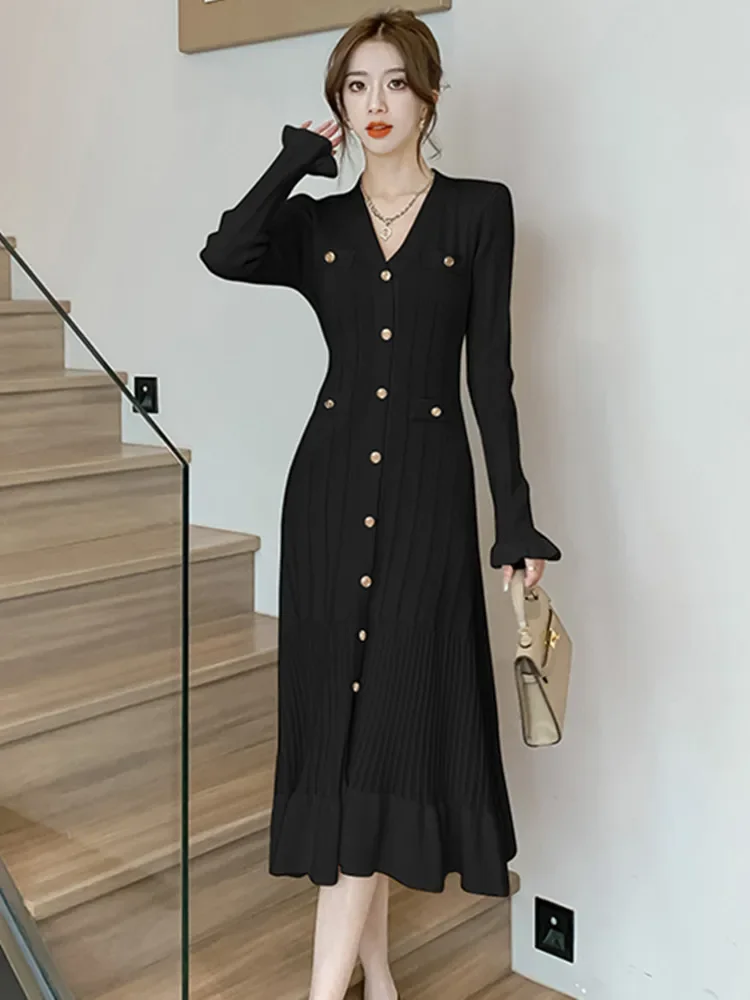 New Autumn Winter Ribbing Knitted Dress Women V-Neck Long Sleeve Fashion Ruffles Hem Mermaid Dresses Elegant Vestidos Robes