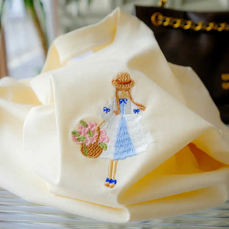 Picture 7: Women's Short Sleeve T-Shirt 100% Cotton Embroidered Flower Basket Girl White New Arrival 2026 Trending Stylish Casual Wear