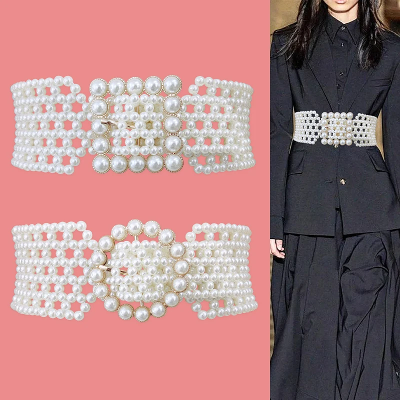 여성용 신축성 흰색 진주 코르셋 벨트, 여성용 허리 벨트, 하이 퀄리티 럭셔리 원피스 스트레치 커머번즈 Y2K