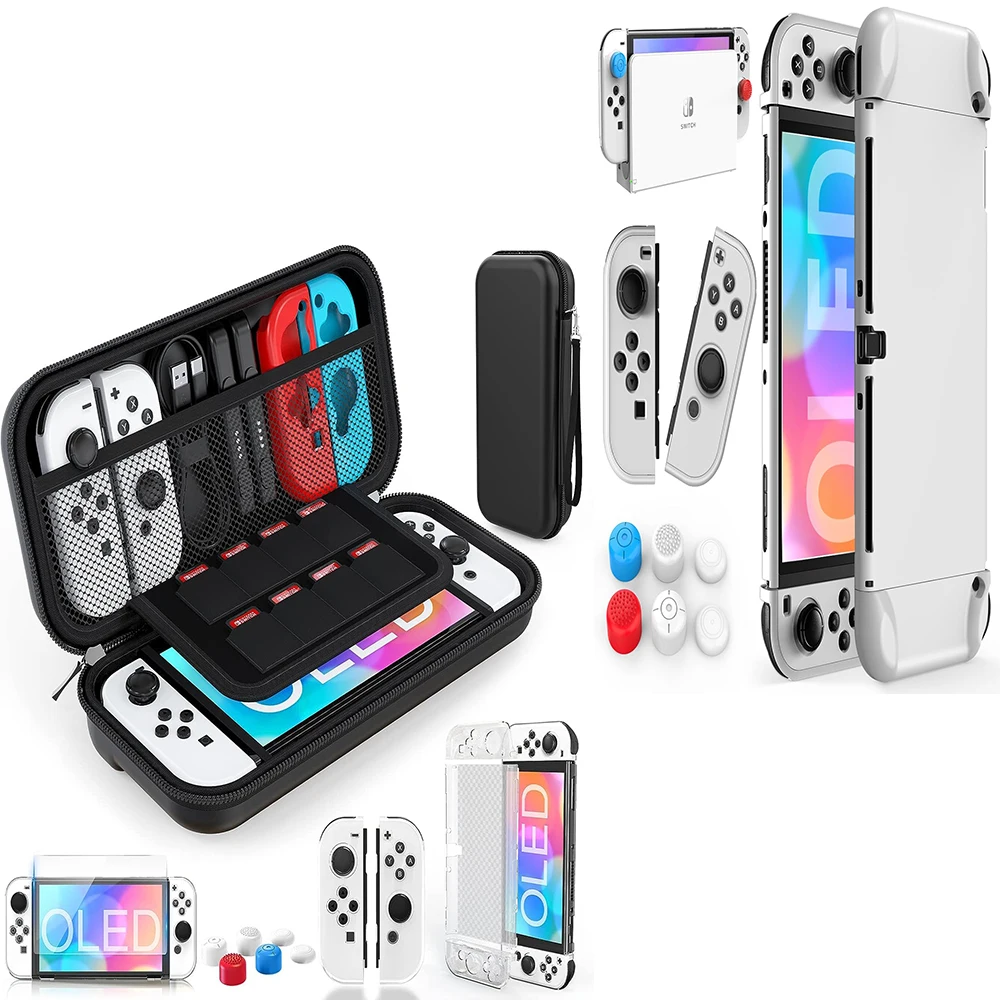 Case for Nintendo Switch OLED Model, Protection Case Kit Accessories Cover  with Tempered Glass Screen and Thumb Covers Grips