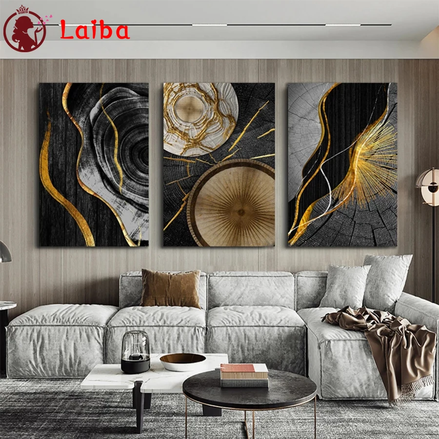 

Diamond Embroidery Abstract golden black wood texture Diamond Painting Full Square round drill Mosaic Cross Stitch Wall Art3pcs