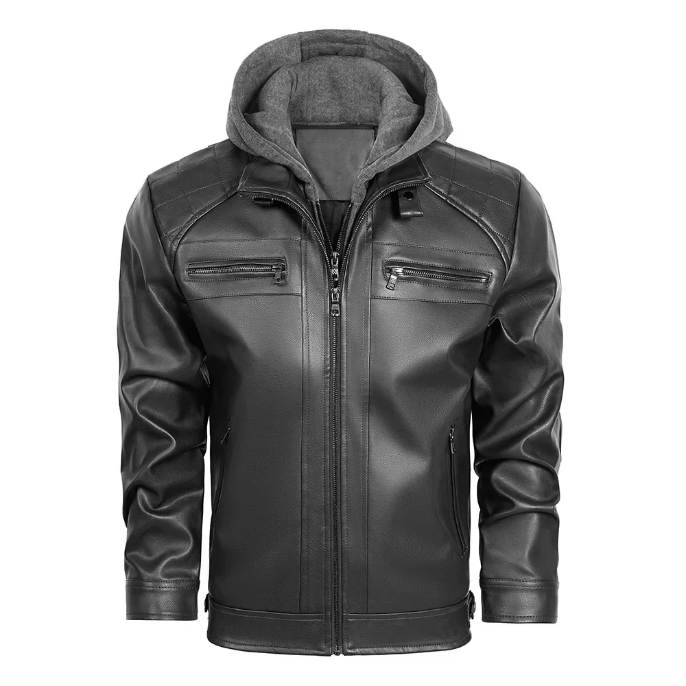 

Autumn Winter Man Leather Jacket New Motorcycle Punk Men Hooded Coat Fashion Patchwork Long Sleeve Windproof Male Outerwear
