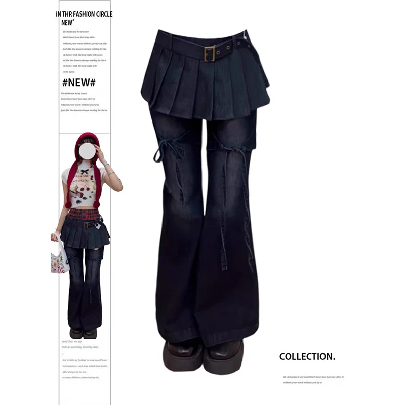 이바슈 가을 여성 데님 팬츠 슬림 플레어 진 페이크 투피스 벨 바텀 진 아비 Y2K 다크 아카데미아 스키니 사이버 펑크