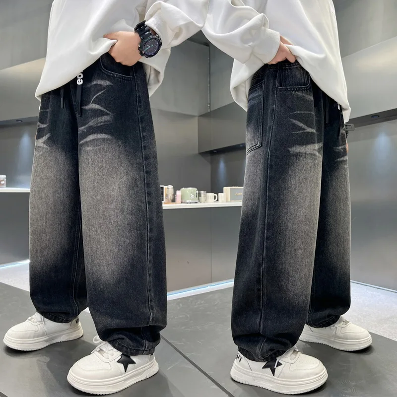 Stylish KoreanChildren's Style Loose Casual Baggy Gradient Jeans Pants for Teenager Boys Cool Distressed Denim Trousers For Kids
