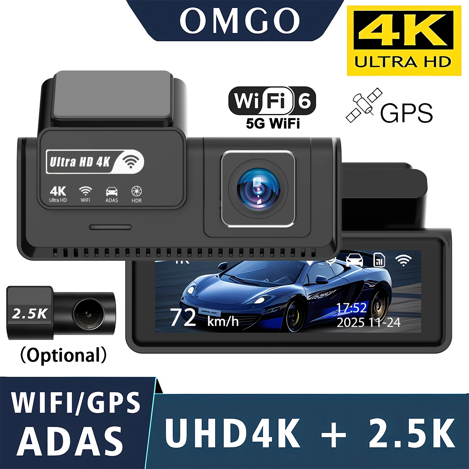 4K+2.5K ADAS Dash Cam with GPS WiFi 24H Night Vision Mini Rear Dual Lens Optional Car DVR Video Recorder Black Box for Cars