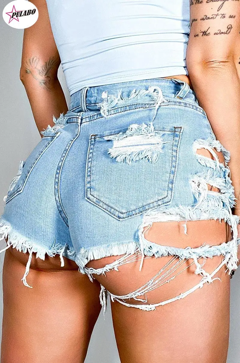 

PULABO PERITANG Fashion Sexy High Waist Ladies Denim Shorts Summer y2k Women's Ripped Hollow Out Hole Streetwear Shorts Jeans