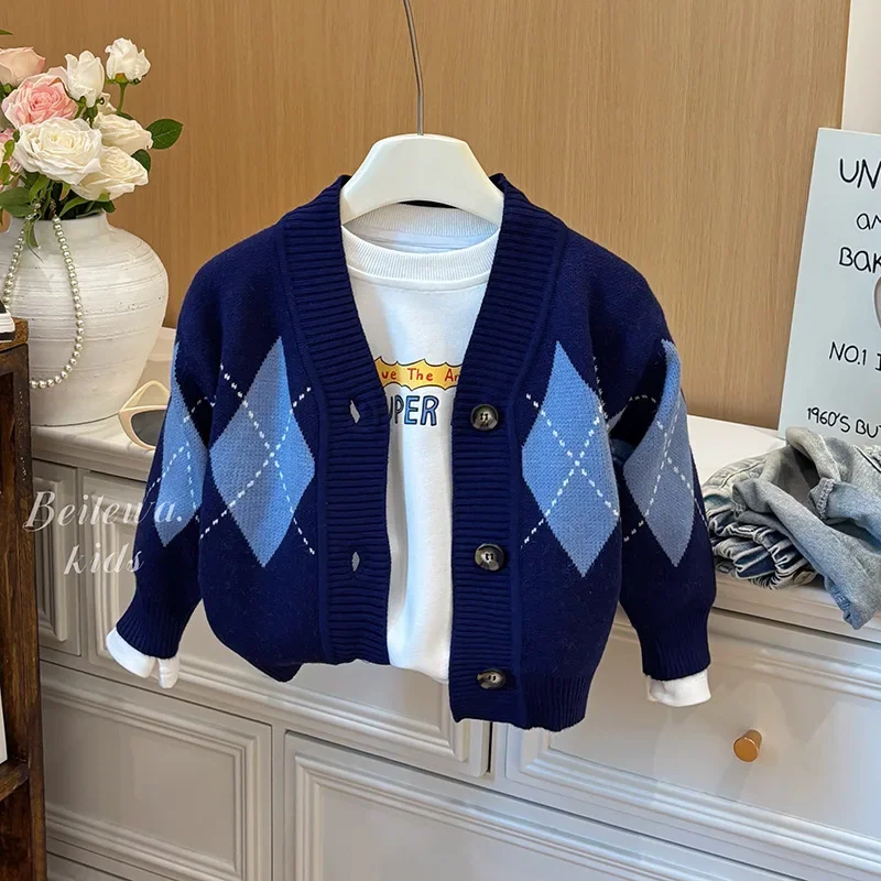 

2025 Autumn Kids Boys Sweater Coat Cotton Contrst Argyle Children Boys Cardigan Korean Round Collar Toddler Boys Outerwear Coats