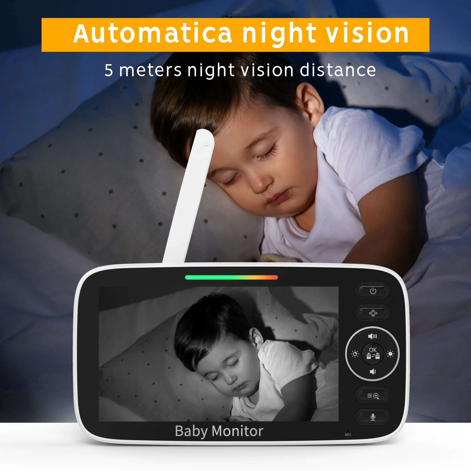 SM530A Baby Monitor Night vision Sound alert Room temperature sensor Lullabies 2-way audio Alarm clock 5 inch Video Baby Monitor