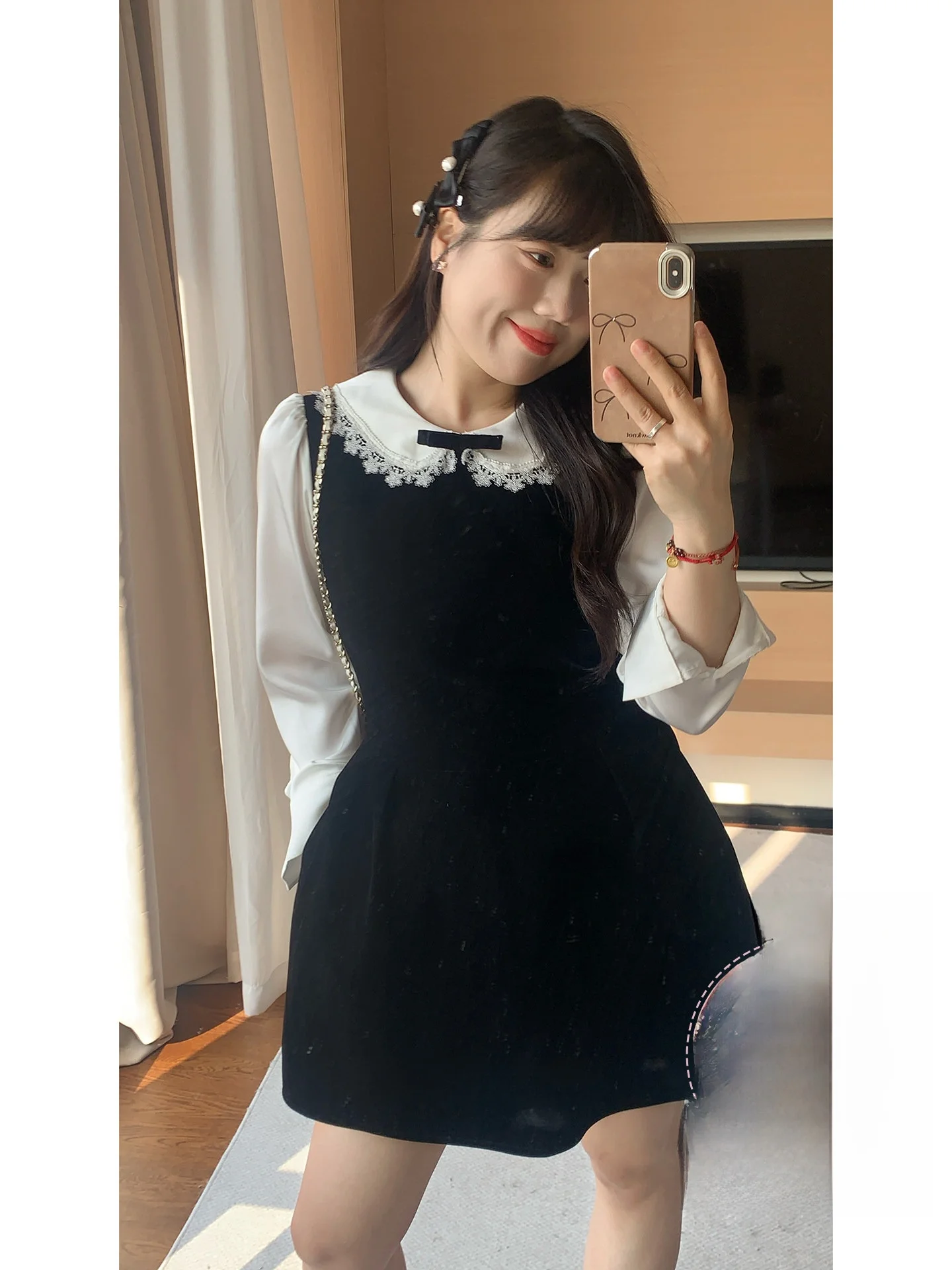 

Sweet Velvet Doll Collar Illusory Two-Piece Dress plus Size Women's Fashion Elegant Long Sleeve Gown for Dance Date Daily