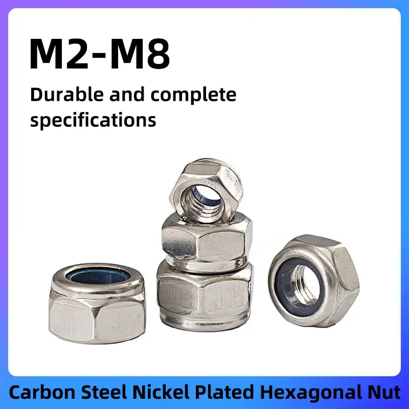 10 Pieces Hex Locking Nickel Plated Nuts M2 M2.5 M3 M4 M5 M6 M8 Self Locking Nylon Carbon Steel Locking Anti Slip