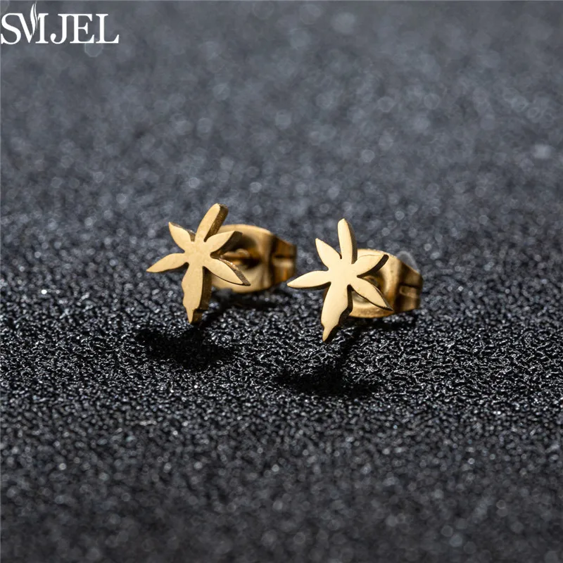 Bohemia Vintage Small Leaves Earrings Women Summer Beach Design Ear Jewelry Stainless Steel Maple Leaf Ear Studs Wholesale