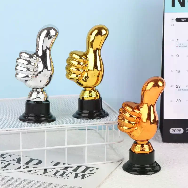 1 Piece Mini Victory Trophies Award Prizes Thumbs Up Trophy Plastic Gold Trophies Encouragement For Home Desktop Decor