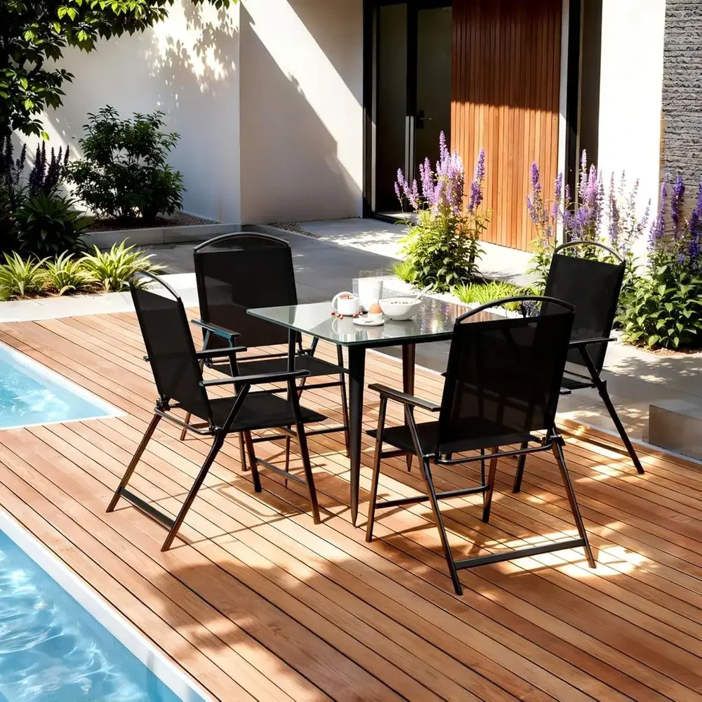 Black Portable Outdoor Patio Dining Sling Chairs Set of 2 with Armrests for Lawn, Garden, Balcony, Living Room Furniture