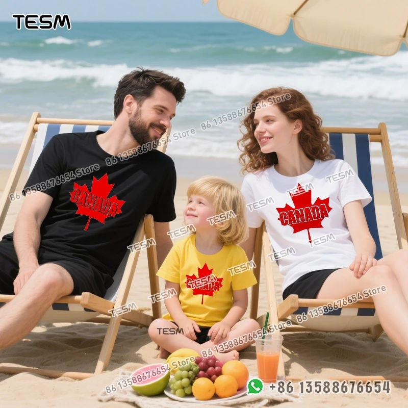 TESM Maple Leaf Print Men Cotton T-shirt Casual Loose Short-sleeve Party Parent-child Outfit Mom Dad Family Vacation Top