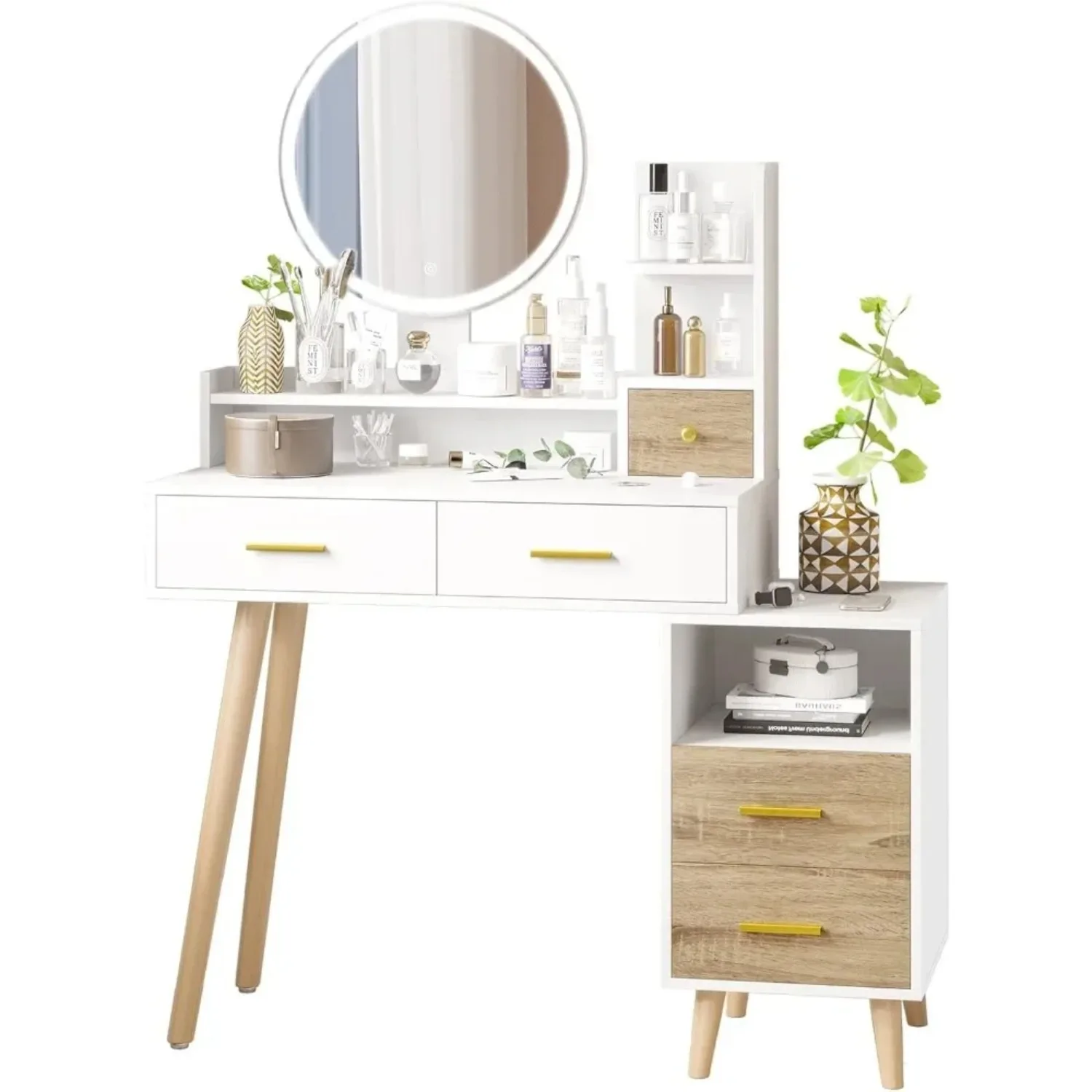 Vanity Mirror w/ Lights and Table Set, Makeup Vanity w/3 Color Lighting Modes & Touch Screen, Vanity Desk with Nightstand