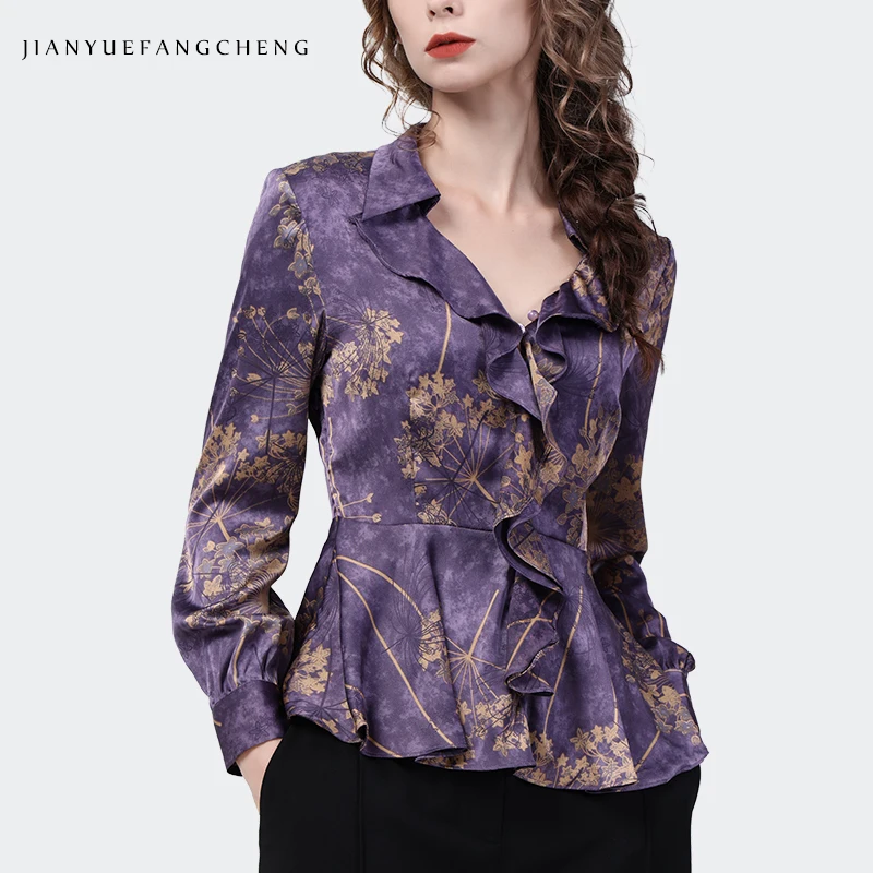 Luxury Women Long Sleeve V-Neck Purple Satin Printed Shirt 2022 Autumn New Elegant Slim Ruffles Tops Fashion Casual 90s Blouses