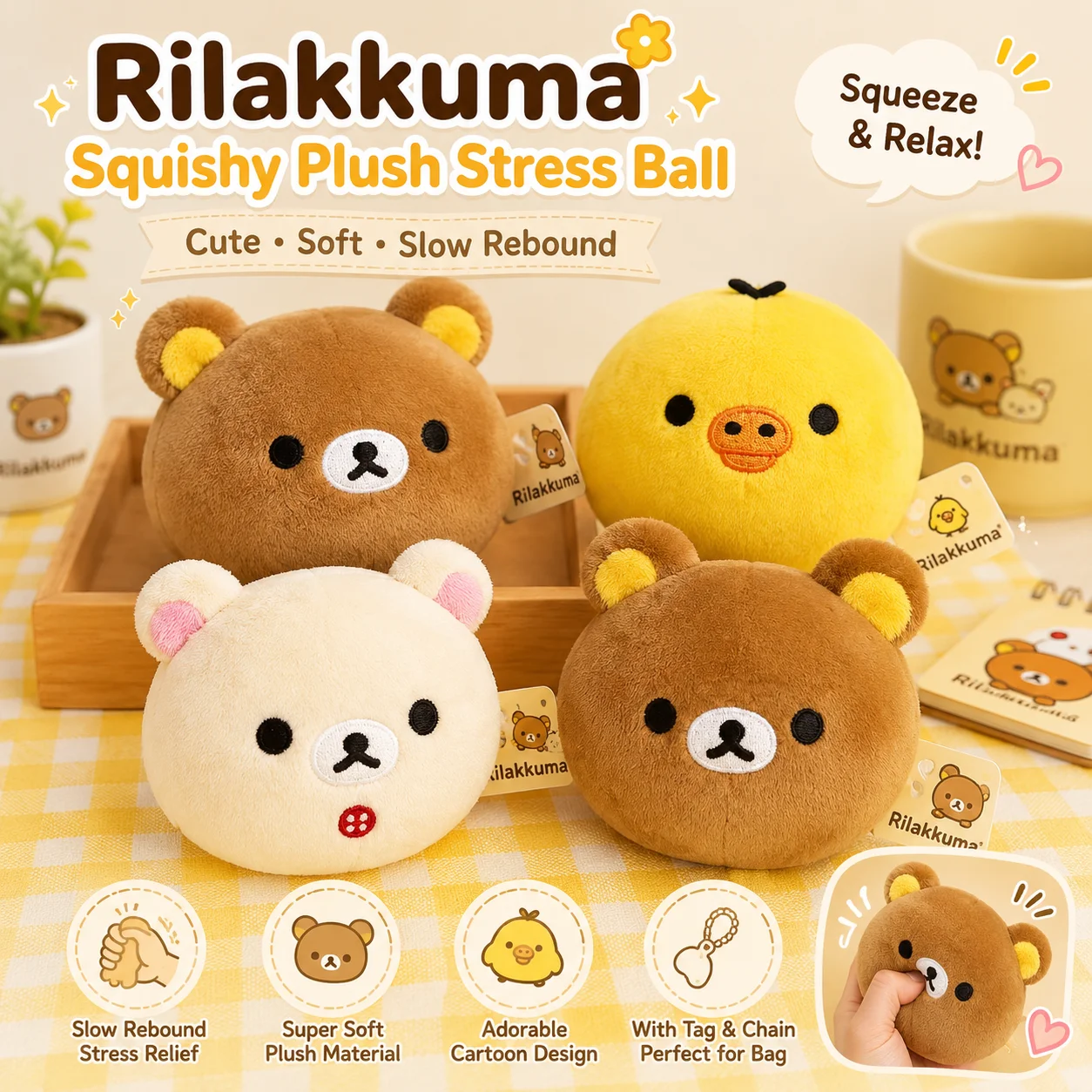Official San Licensed Rilakkuma Soft Squishy Mochi Plush Doll Cute Japanese Slow Rising Squeeze Toy Stress Relief Fidget