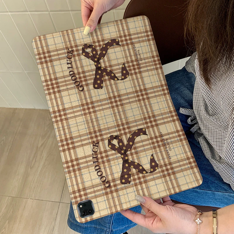 Brown Plaid Bow Fashion Tablet Case For iPad Pro 11 12.9 13 A16 M2 M4 M3 M5 Shell 10.2 5/6/7/8/9/10/11th Mini Air 3 4 5 Cover