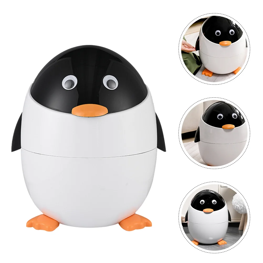 Penguin Trash Can Cartoon Plastic with Lid Animal Shaped Waste Bin Container Dorm Room for