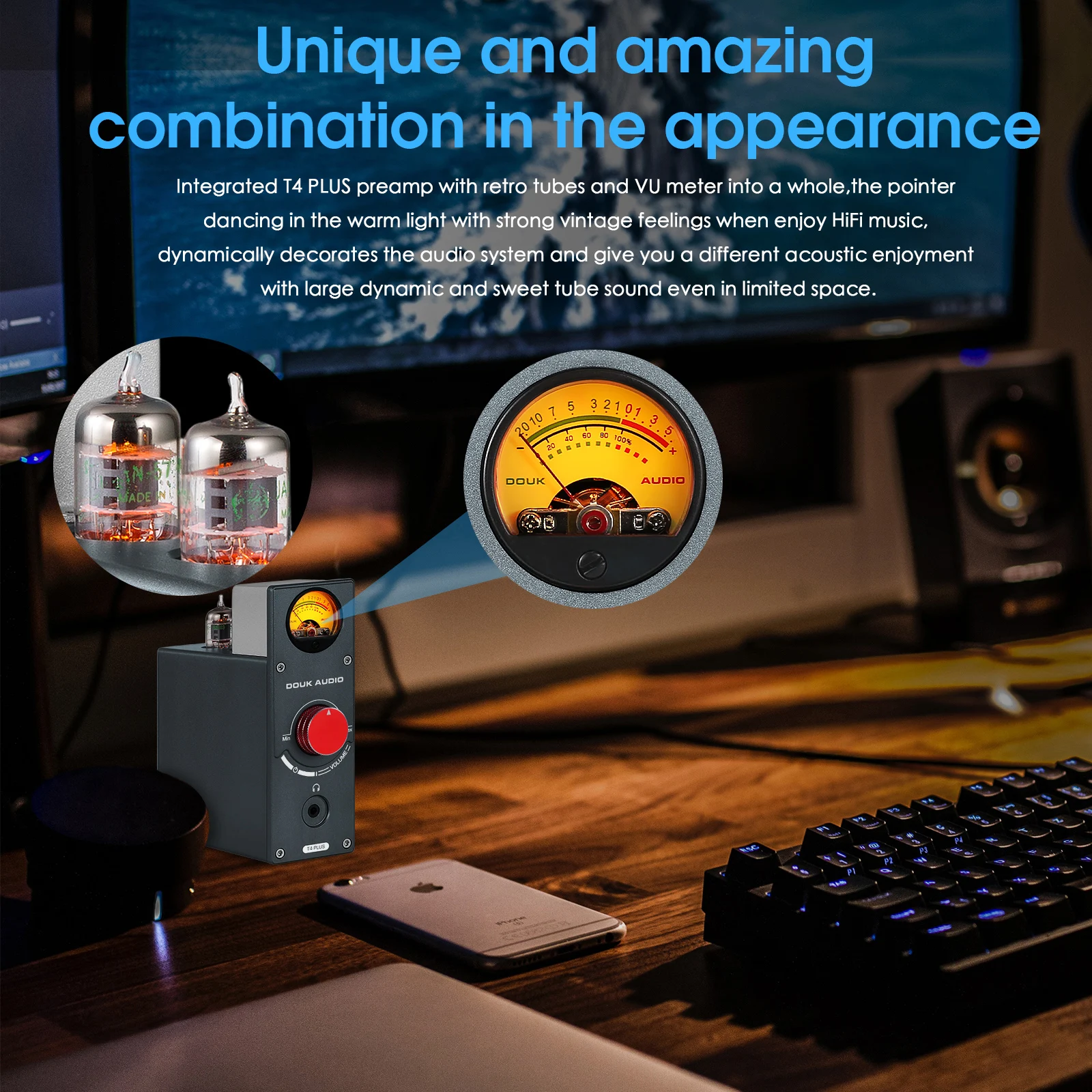 Douk Audio 5725 Vacuum Tube Phono Stage Preamp for Home Turntables Headphone Amp w/VU Meter Stereo Audio Preamp for TV/MP3/Phone