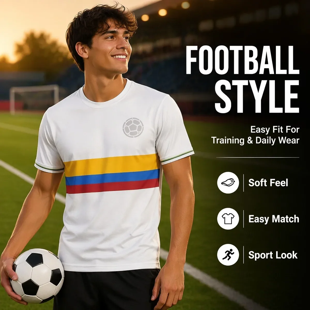T-shirt graphique de football inspiré des couleurs du drapeau de la Colombie, unisexe, col rond, manches courtes, décontracté, pour le sport en plein air, pour hommes et femmes