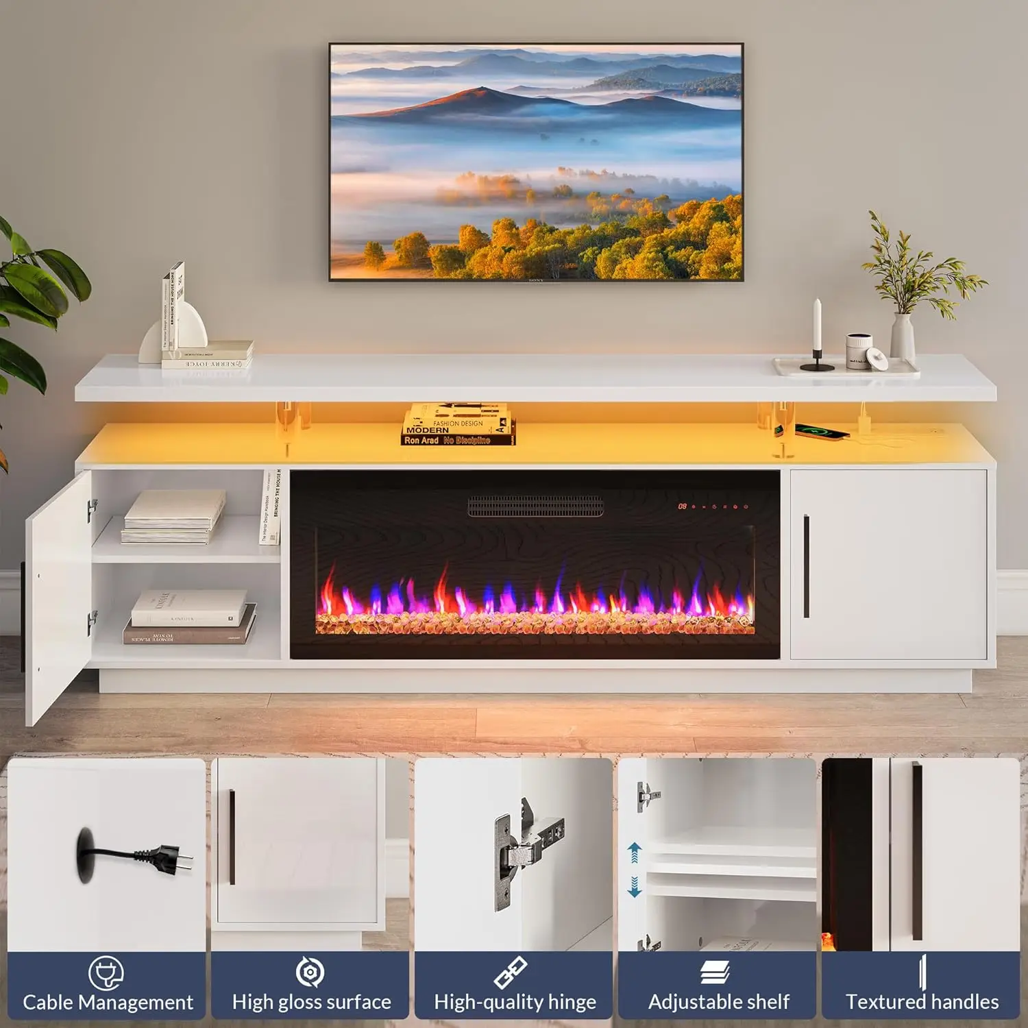 

79" TV Stand for TVs up to 85", LED Light Entertainment Center with 42" Electric Fireplace Heater, Storage Cabinet