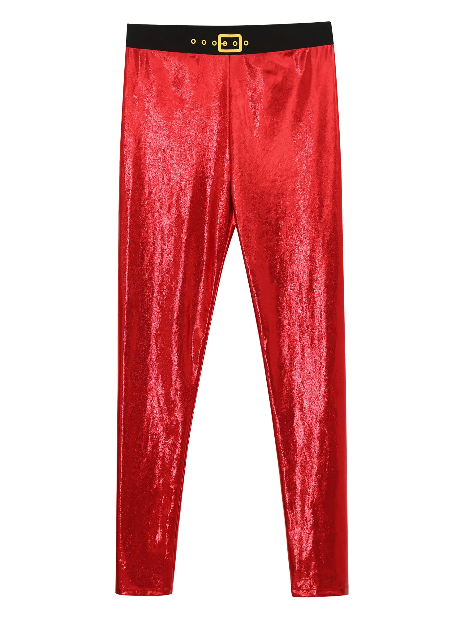 Mens Novelty Xmas Metallic Shiny Leggings Skinny Pencil Pants Santa Claus Trouser Christmas Dress-up Party Performance Costume