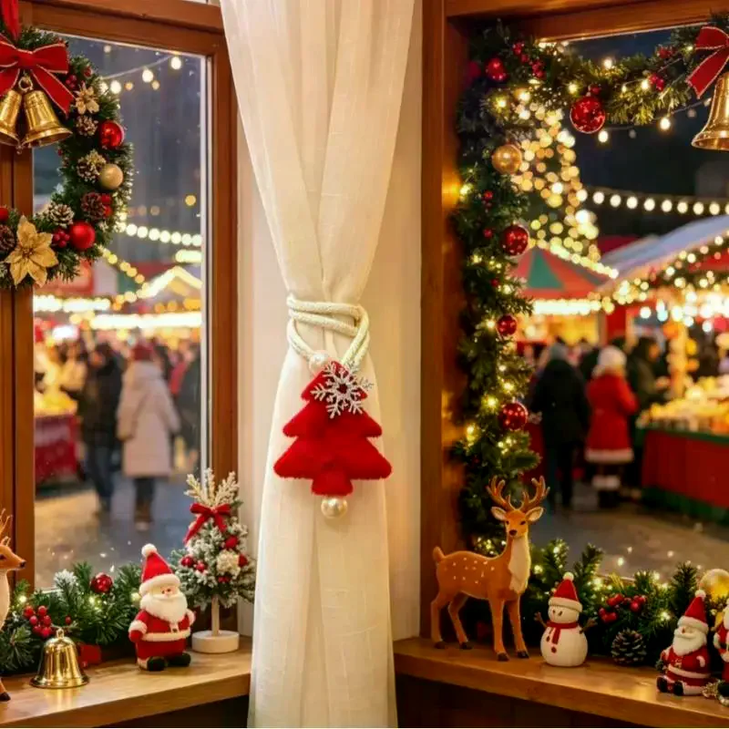 Adjustable Christmas Tree Curtain Tieback Exquisite Plush Snowflakes Curtain Rope Decorative With Ball Pendant