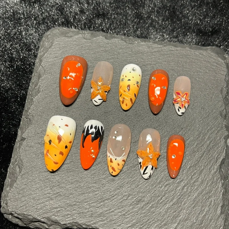 10 قطعة ثلاثية الأبعاد منحوتة زهرة تموجات اليدوية الصحافة على الأظافر البرتقال الفرنسية ليوبارد زيبرا أنماط الأظافر وهمية بيتشي اللوز الأظافر كاذبة