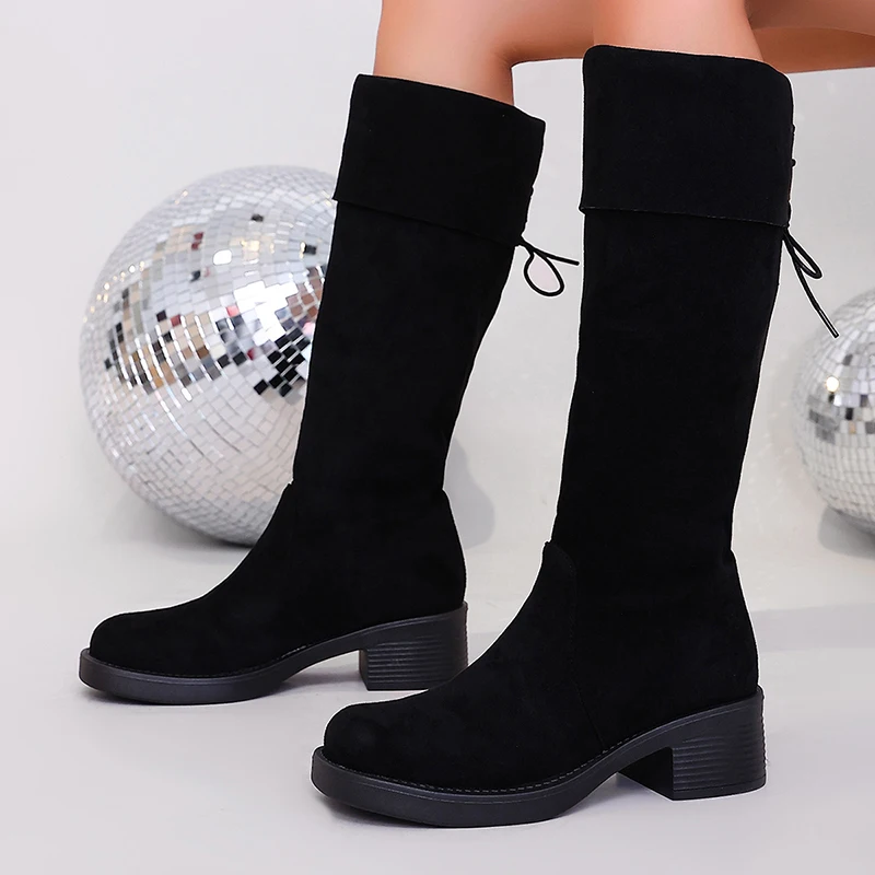 Vintage Flock Thick Heels Knee High Boots Women 2026 Plus Size 42 Slip On Long Botas Mujer Street Style Lace Up Platform Boots
