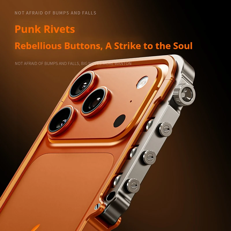 Punk Metal Frame Bumper For iPhone 15 16 17 18 Plus Pro Max Mechanical Buttons Heat Dissipation Shockproof Phone Case