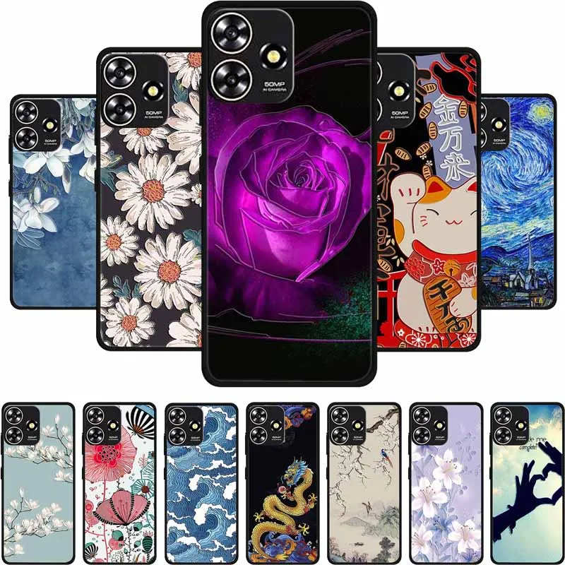 

3D Emboss Case For ZTE Blade V50 Smart Design A73 4G Phone Case Flowers Black Silicone Soft Back Cover For ZTE Axon 50 Lite Case