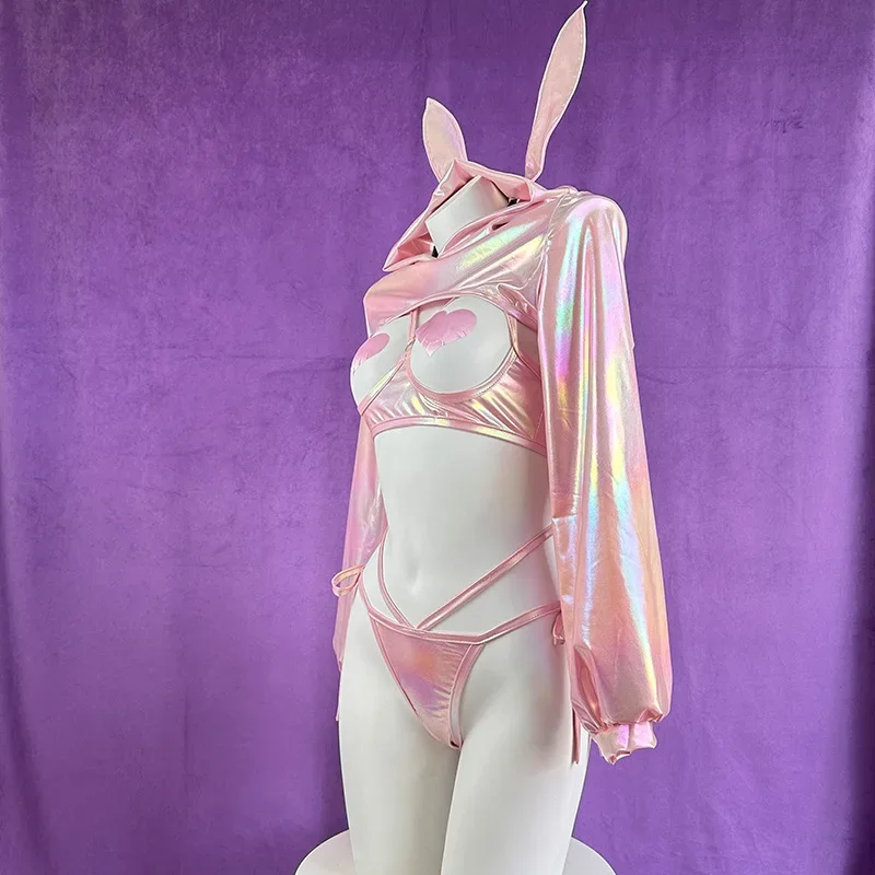 Adult Underwear Costume Pink Bunny Lingerie Set Women Hoodie Heart Cut Out Bra Thong 3Pcs Cosplay Outfit Sexy Club Party Costume view 5