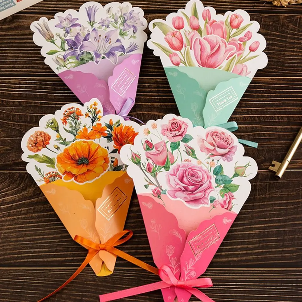 

10pcs Folding Bouquet Greeting Card Carnation Blessing Flower Gift Card Chrysanthemum Rose Romantic Thank You Card