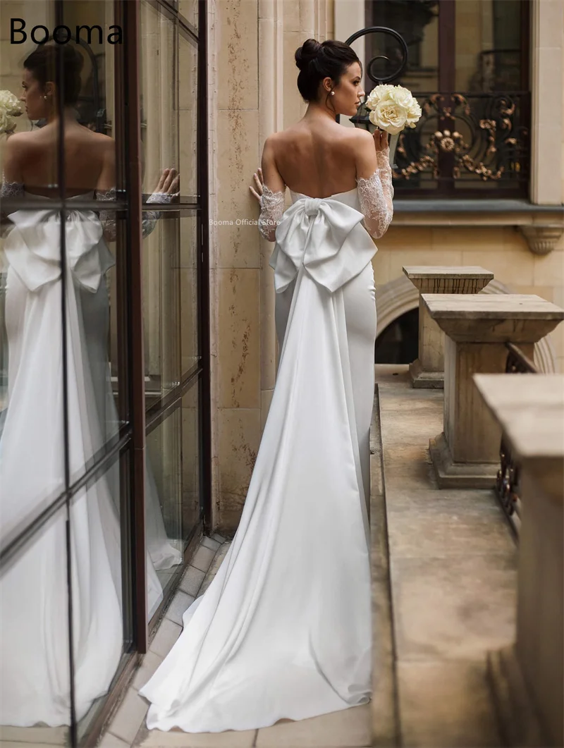Booma Elegant Satin Mermaid Lace Ivory Wedding Dresses Long Sleeveless Bow Strapless Brides Gown Custom Made 2025