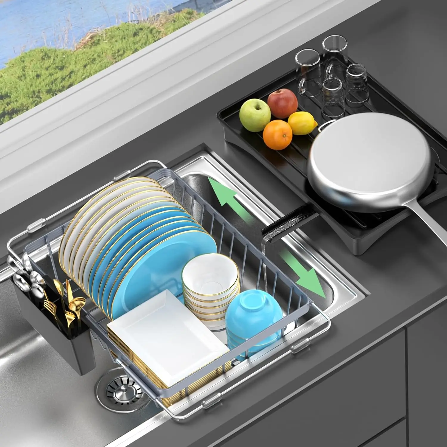 

Sink Dish Drying Rack - Expandable Small Dish Rack Over Sinks with Drying Tray, Dish Drainer for Kitchen Counter with Cutlery