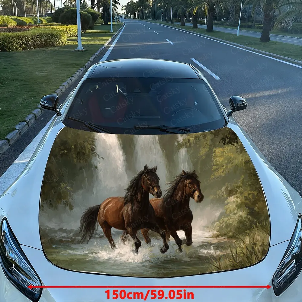 Brown Horses In The Stream Car Hood Sticker, Vinyl Film Decal For Vehicle Modification - Waterproof & Scratch-Resistant Self Adh
