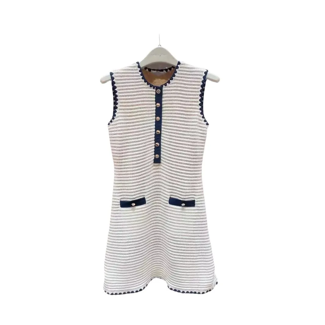 2024 Summer Women Off-White Knitted Dress Slim Fit Sleeveless Office Ladies Elegant Mini Dress