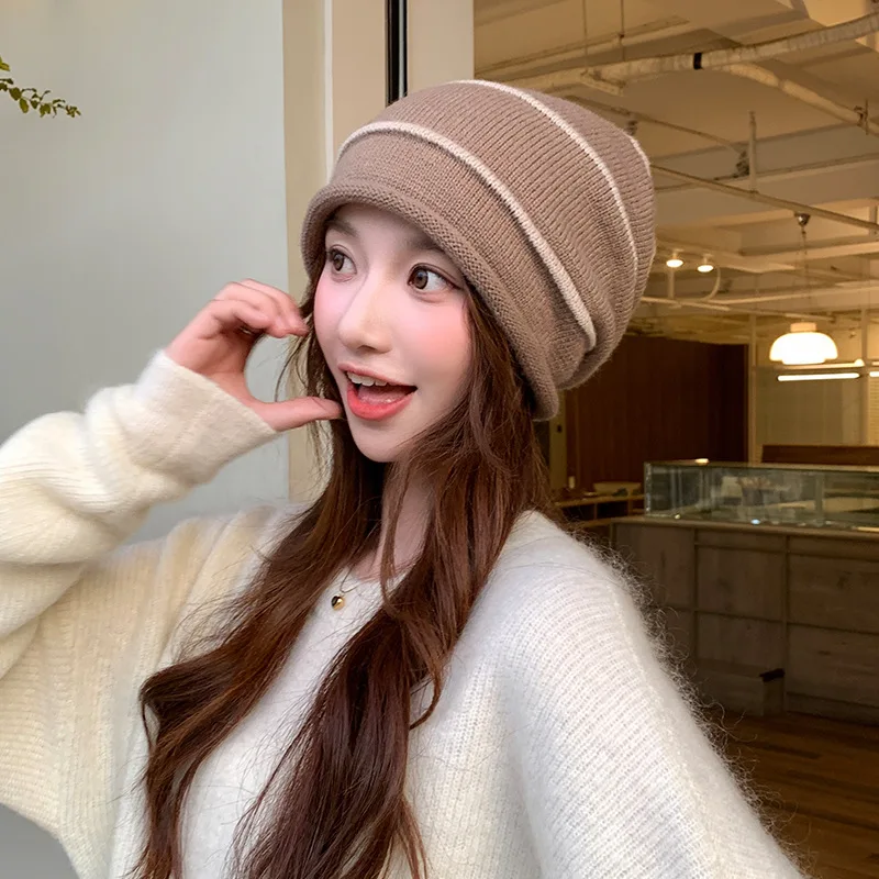 New Autumn And Winter Striped Pile Cap Warm Woolen Hat Versatile Ear Protection Knitted Cycling And Cold Proof Pullover Hat