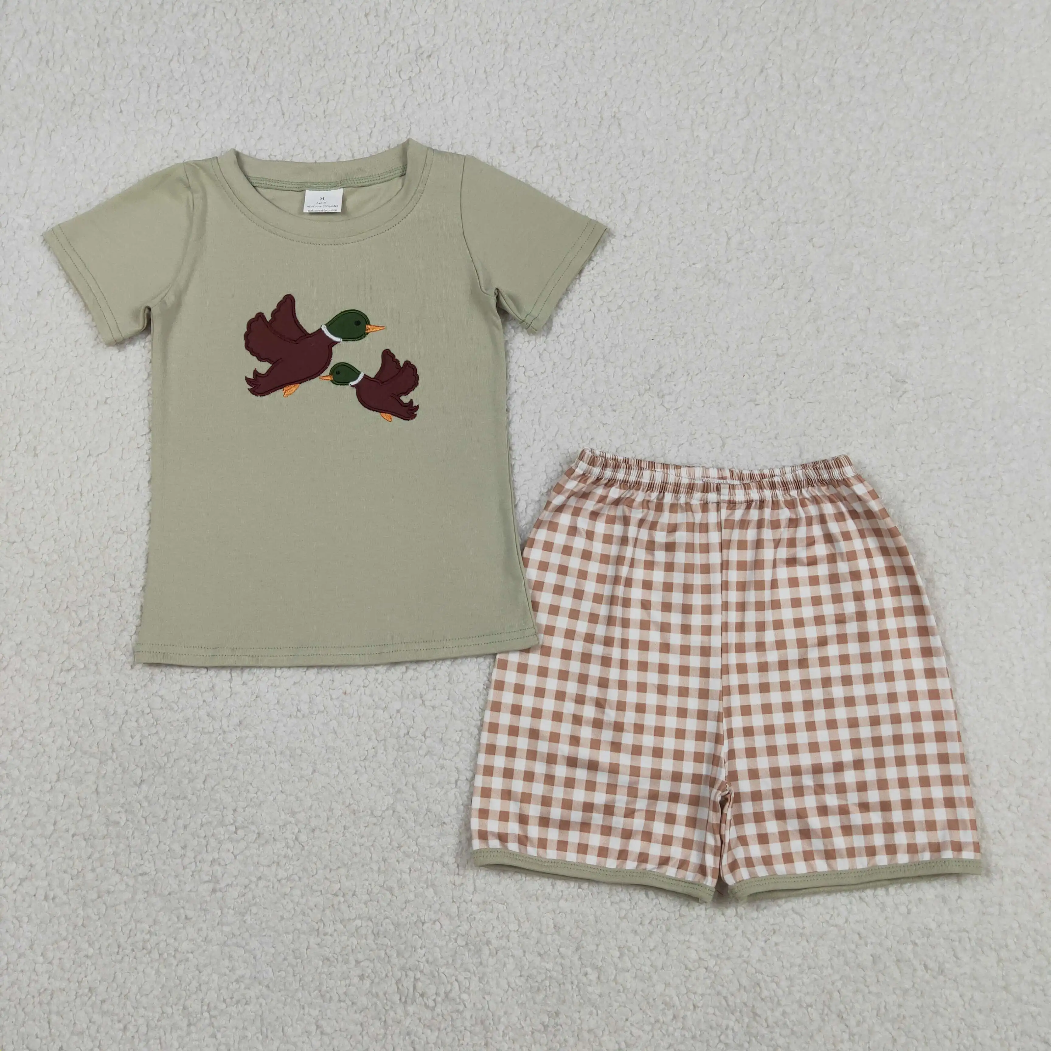 Wholesale Baby Boy Short Sleeves Embroidery Ducks Cotton Shirt Children Kids Set Plaid Shorts Boys Toddler Outfit Clothes