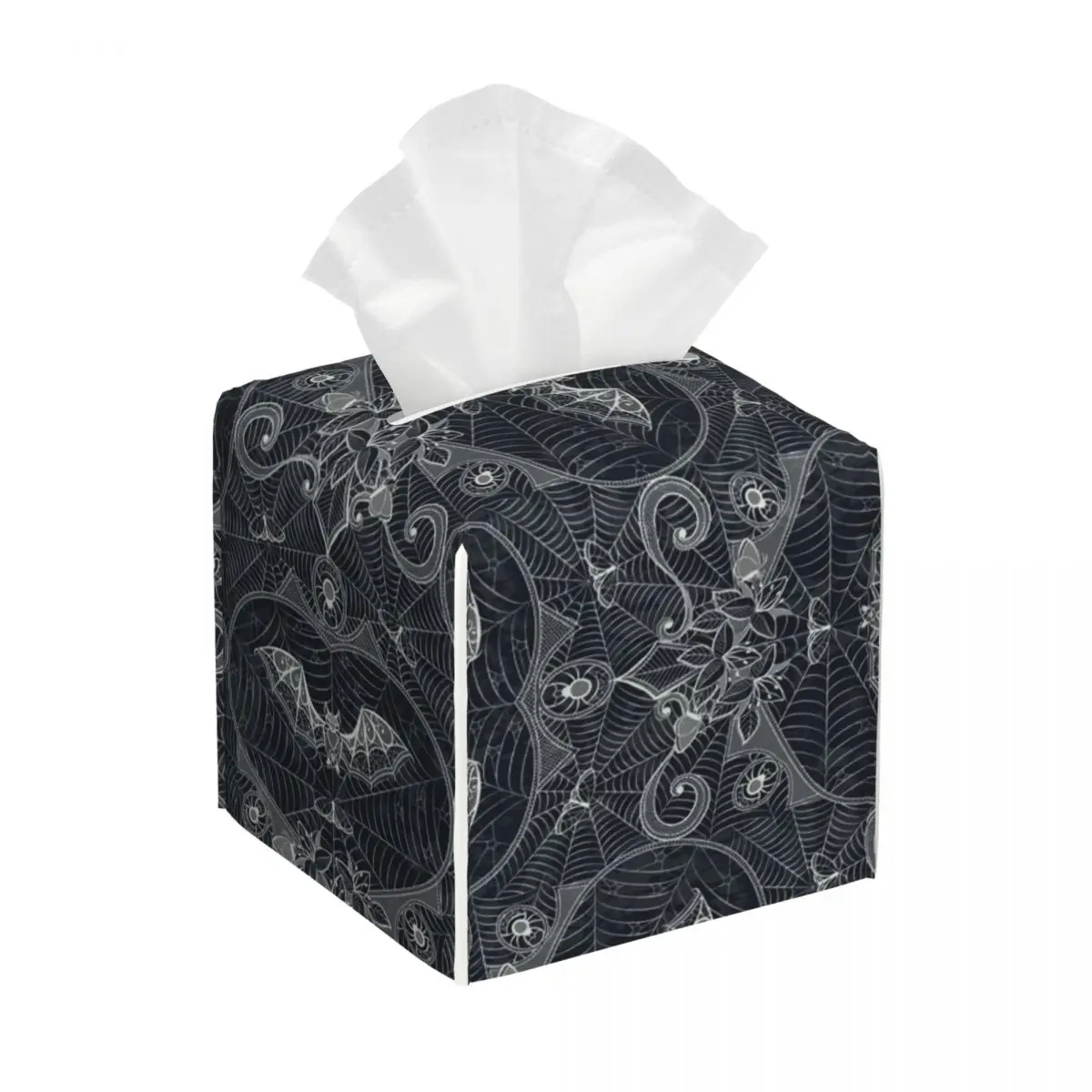 Custom Cobwebs Spiders And Bats Tissue Box Cover for Bathroom Car Gothic Halloween Square PU Leather Facial Tissue Box Holder
