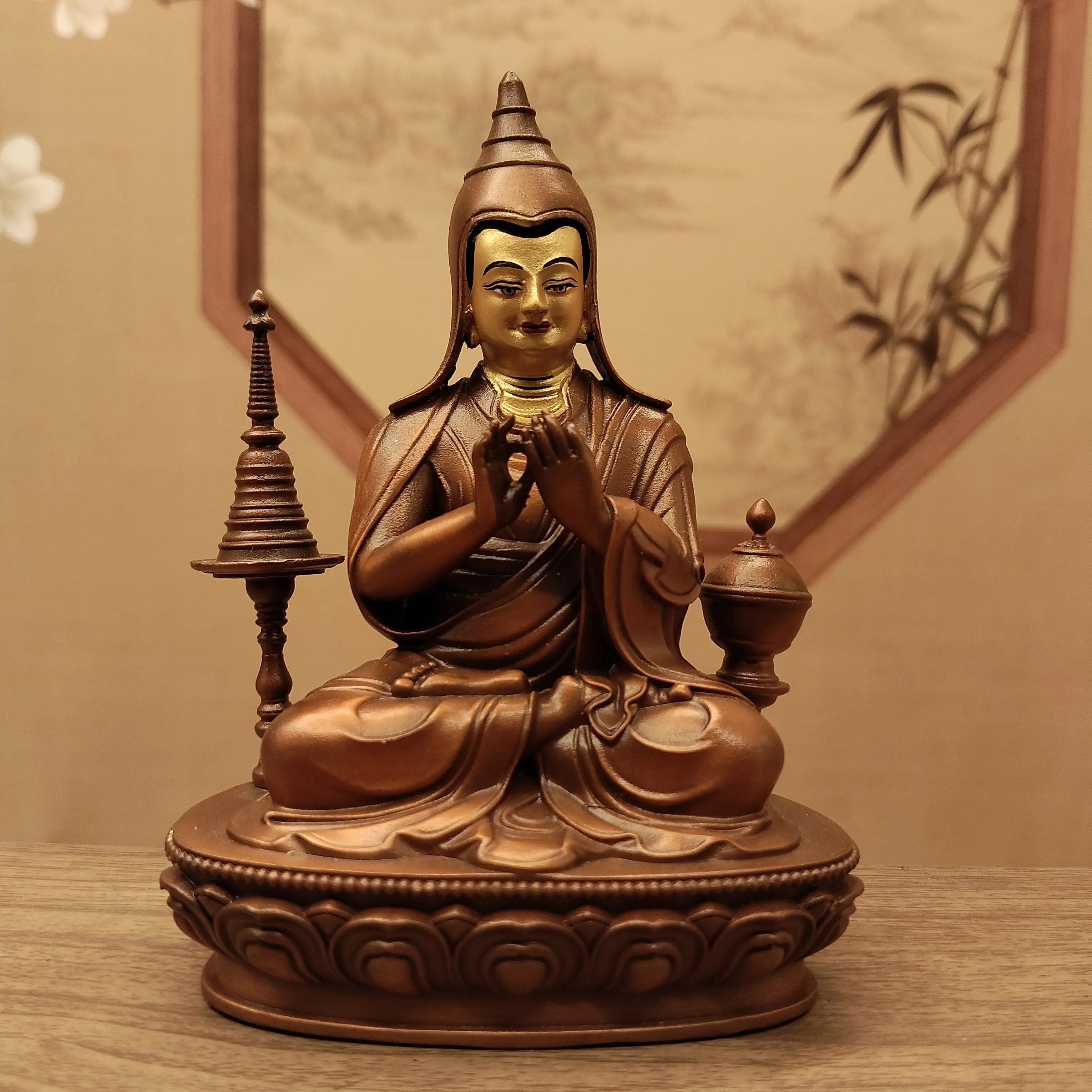 Red Antique Copper Painted Face Atisha Great Master Statue 10cm Nepal Craft Home Altar Car Portable Blessing