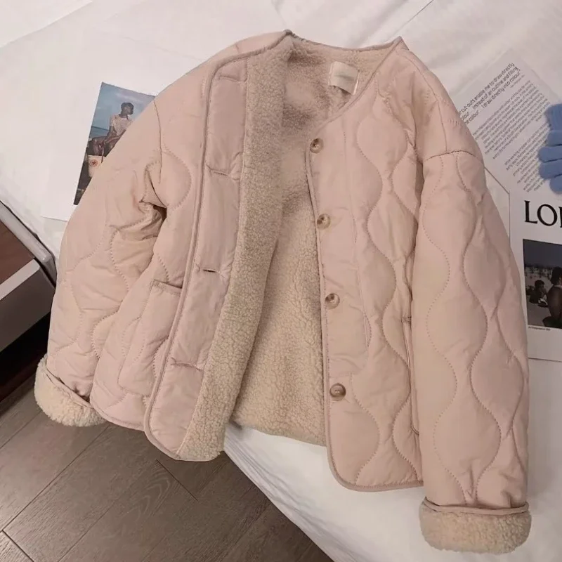 

Winter Coat Women 2025 New Korean Round Neck Faux Lamb Wool Thickened Cotton Padded Comfortable Coat